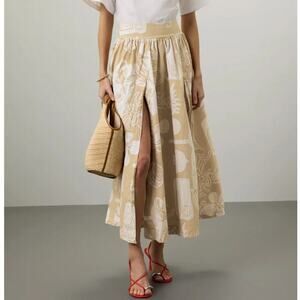 Rodebjer Taemoo Print Skirt Side Slit Maxi A-Line Organic Cotton Tan & White S